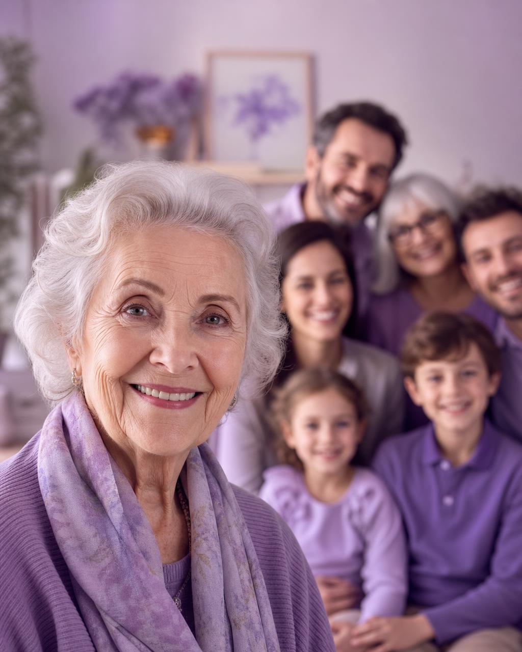 Senhora idosa sorrindo em primeiro plano, com familiares felizes desfocados ao fundo, em tons de lilás
